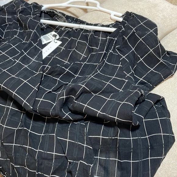 NWT black white check 100% cotton light loose fit cap short sleeve top S XS - Picture 8 of 9